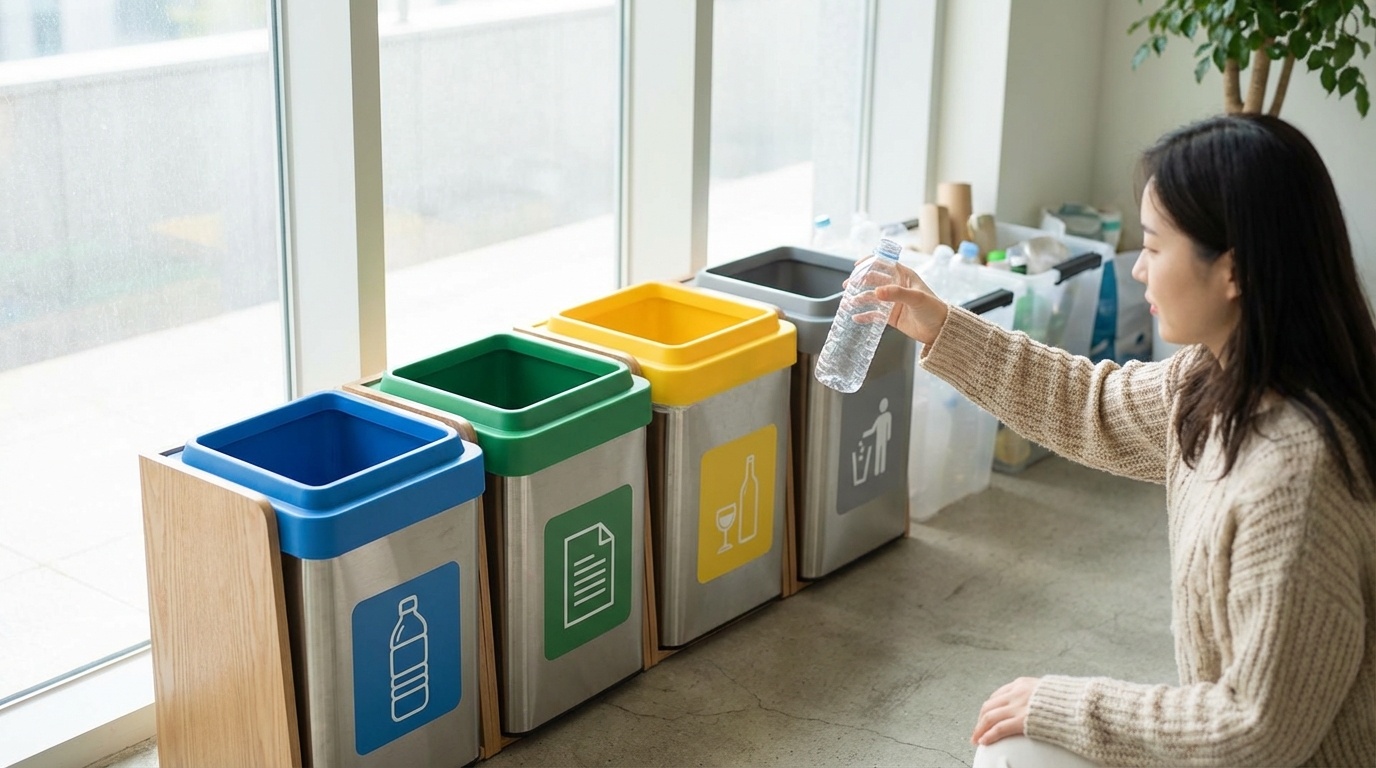 현대적인 공간에서 폐지, 플라스틱, 유리 등 종류별로 잘 분리된 재활용 쓰레기통과 분리수거하는 한국 여성의 모습.