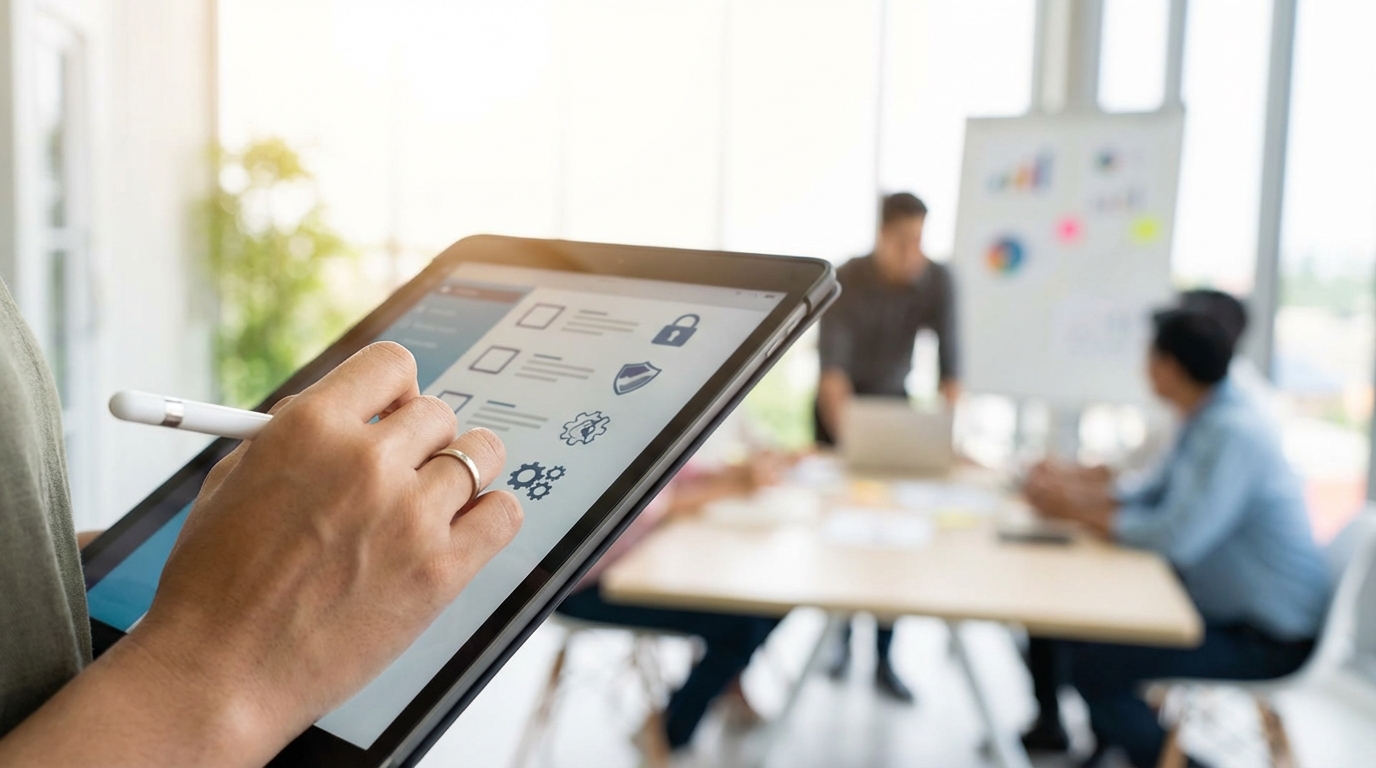 개인정보 영향평가(PIA) 및 프라이버시 바이 디자인(PbD) 항목이 표시된 디지털 태블릿을 사용하는 모습