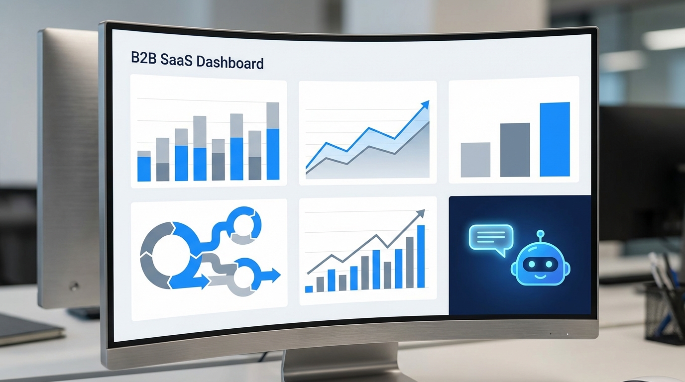 AI 기반 마케팅 자동화 툴의 데이터 분석 화면과 고객 여정 지도를 보여주는 컴퓨터 화면