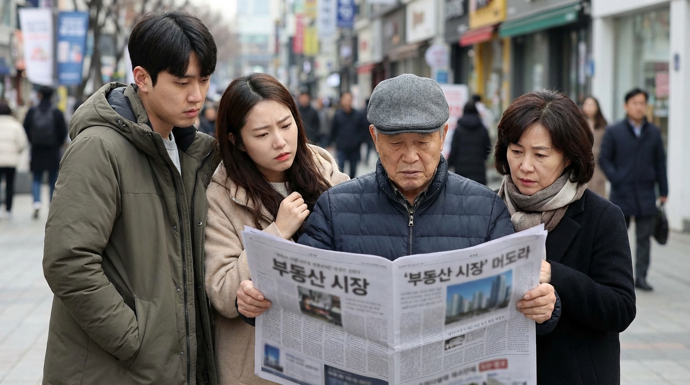 부동산 시장 뉴스를 보며 대화하는 다양한 연령대의 사람들.