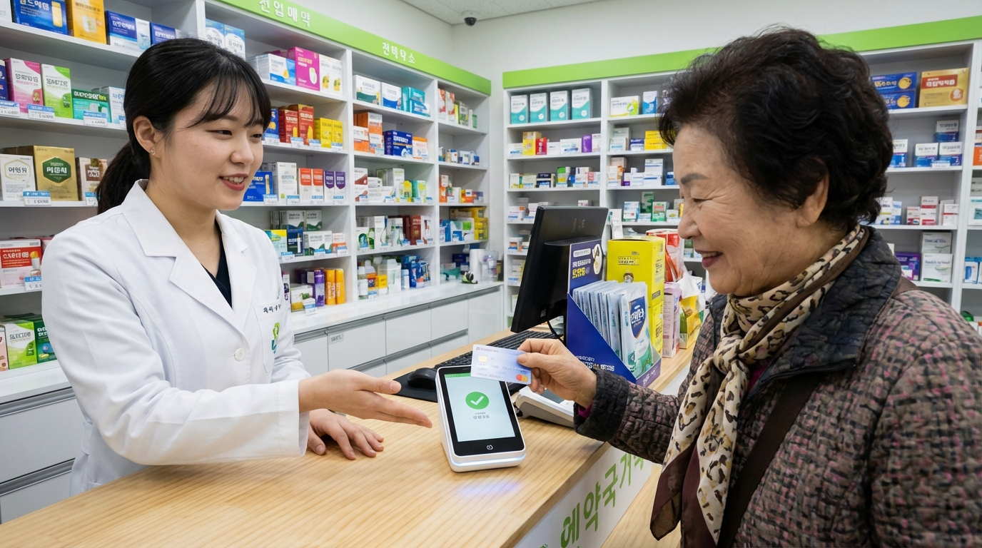 약국 카운터에서 약사에게 건강생활실천지원금 포인트를 사용하여 진료비를 결제하는 방법을 설명 듣는 한국 노인 여성의 모습. 포인트 활용의 편리함을 보여줍니다.
