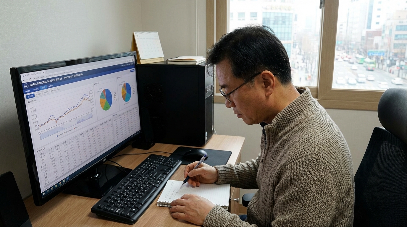 컴퓨터 앞에서 국민 참여형 펀드 투자 정보를 신중하게 살펴보는 한국인 개인 투자자의 모습.