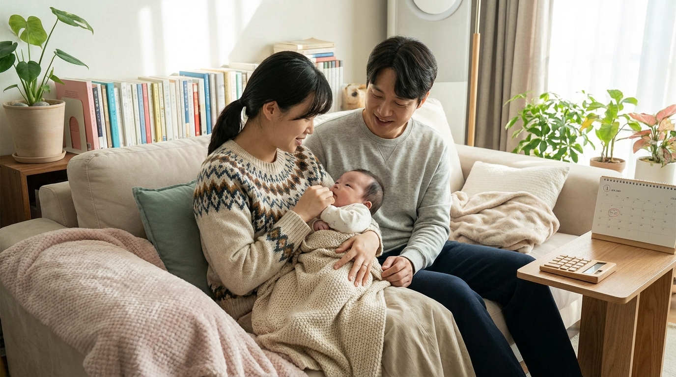 아이를 안고 따뜻한 미소를 짓는 한국인 부모, 출산 및 보육수당 혜택을 상징
