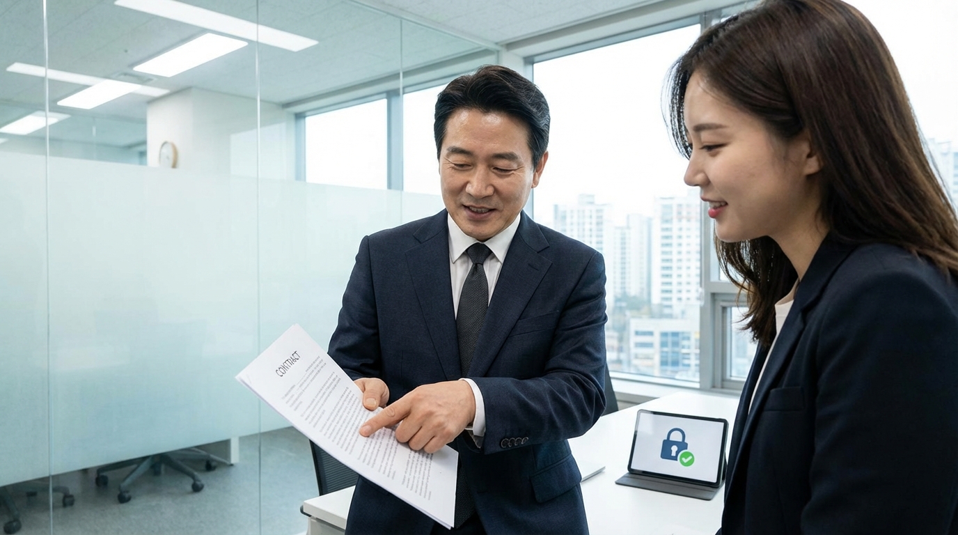 공인중개사가 계약금 입금 증빙 서류를 고객에게 설명하며 투명한 거래를 강조하는 모습