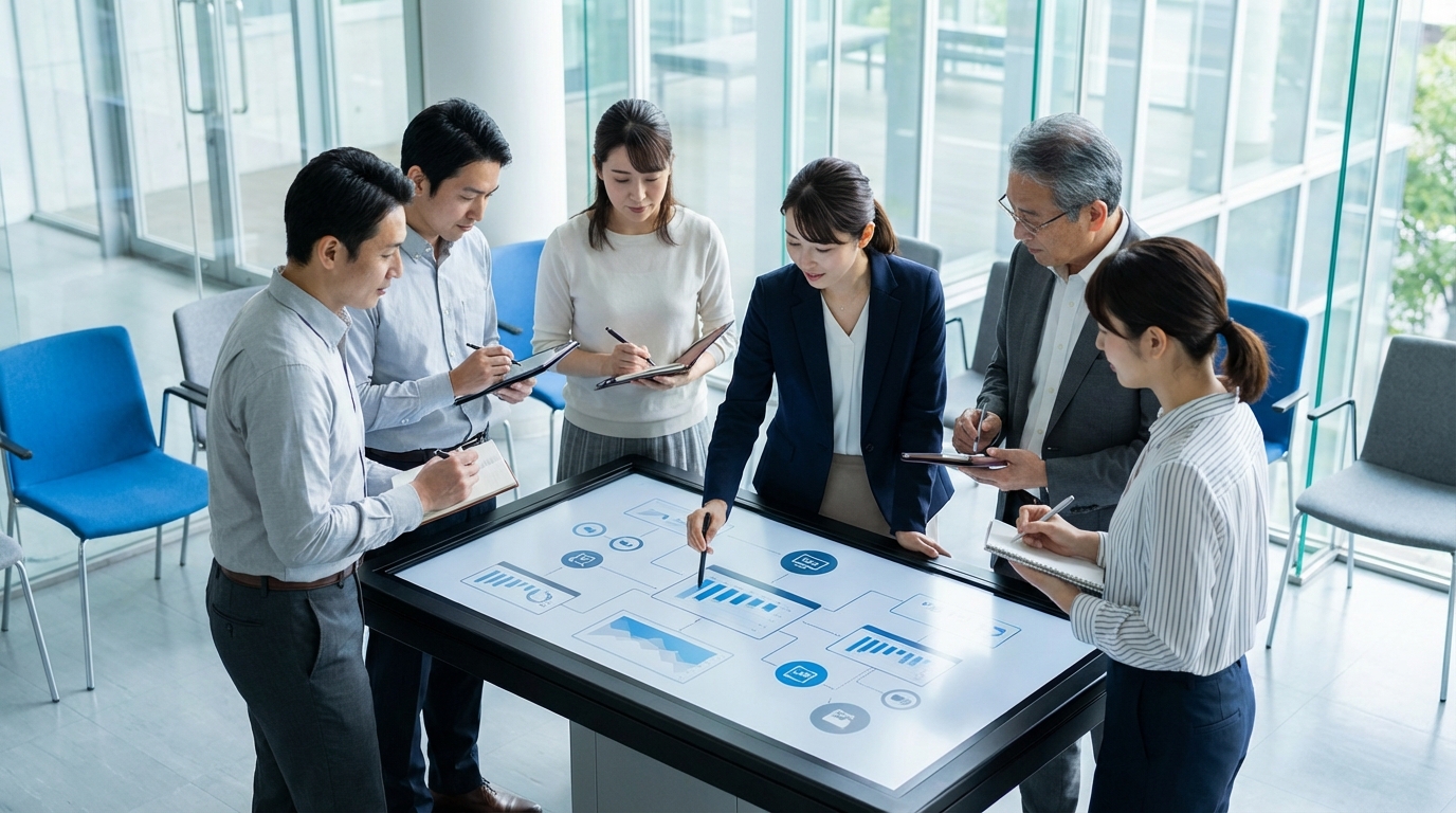 AI 마케팅 자동화 도입 전략을 논의하는 한국인 비즈니스 전문가들의 회의 모습