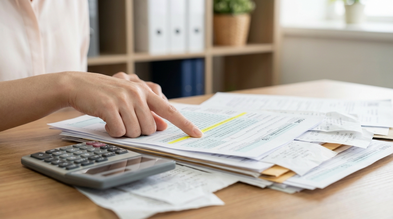 연말정산 서류와 계산기를 정리하며 절세 전략을 세우는 모습