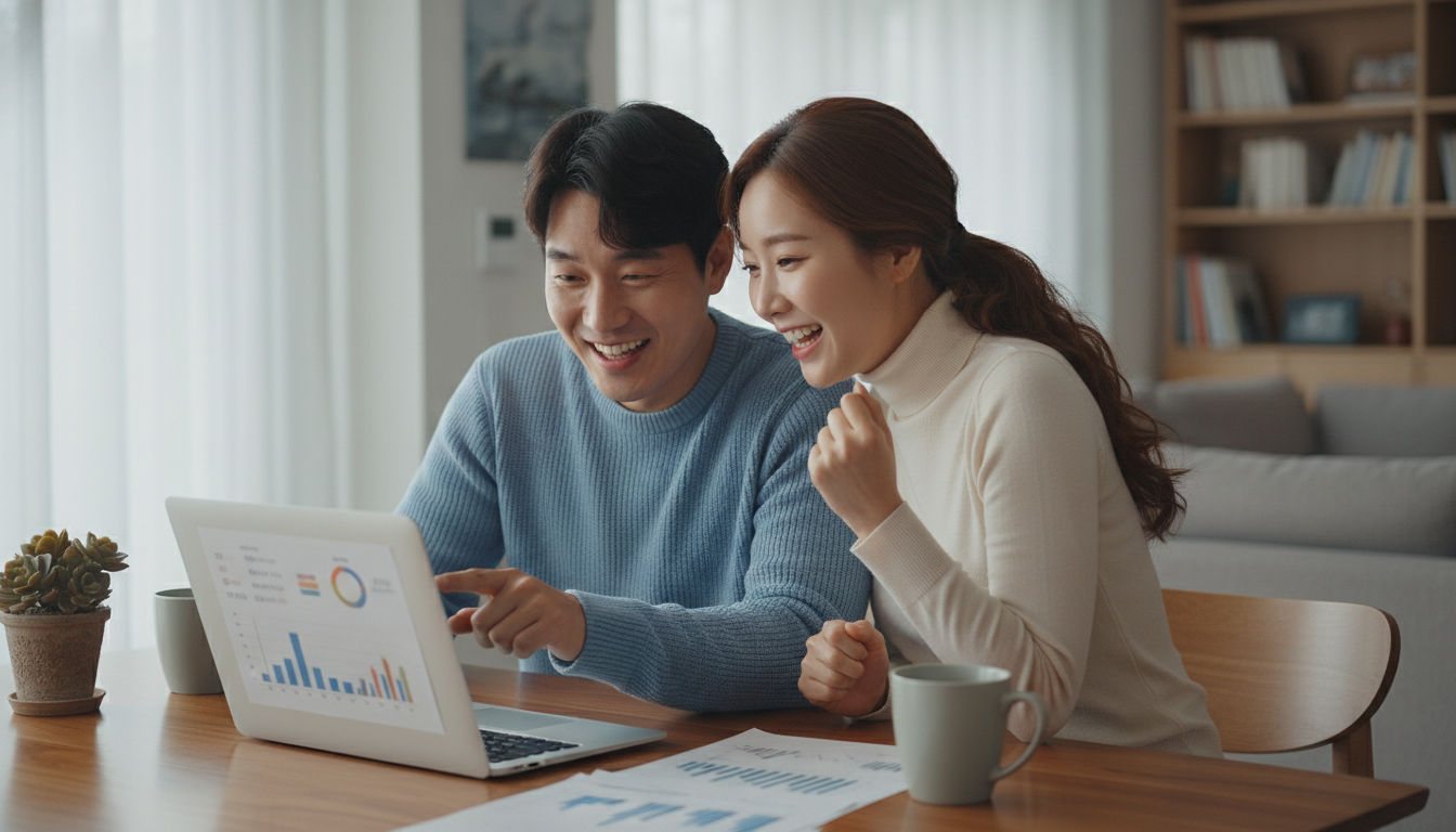 아이돌봄서비스 중위소득 250% 확대 소식을 듣고 지원 자격을 확인하며 기뻐하는 한국인 부부.