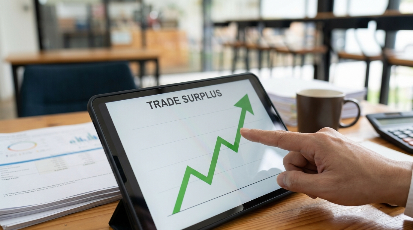 한국의 대미 무역 흑자를 나타내는 가파른 상승 곡선 그래프를 가리키는 손과 태블릿 화면. 재지정의 주요 배경 중 하나인 무역 불균형을 시각화한다.