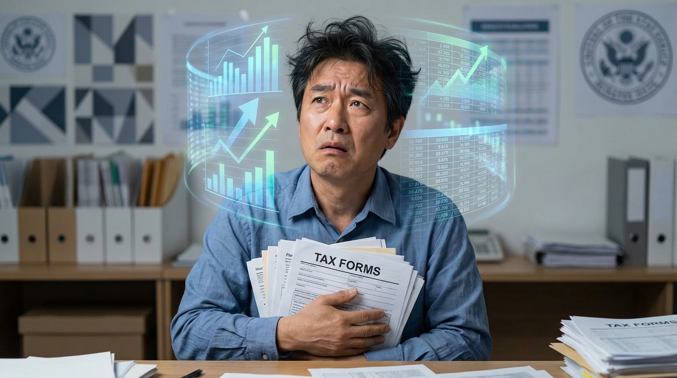 복잡한 세금 서류를 들고 혼란스러워하는 한국인 남성의 모습.
