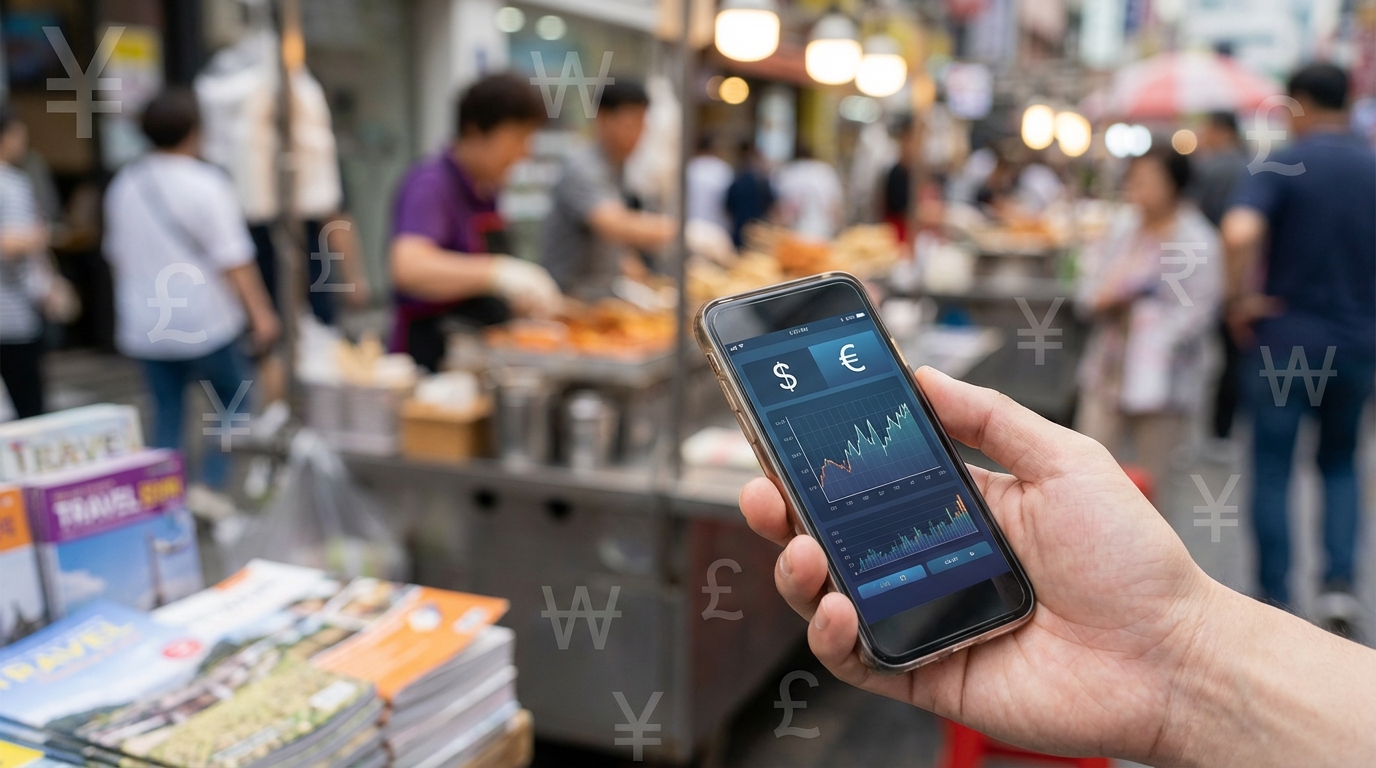스마트폰 환율 앱을 사용하는 모습과 해외여행, 직구 관련 배경 이미지.