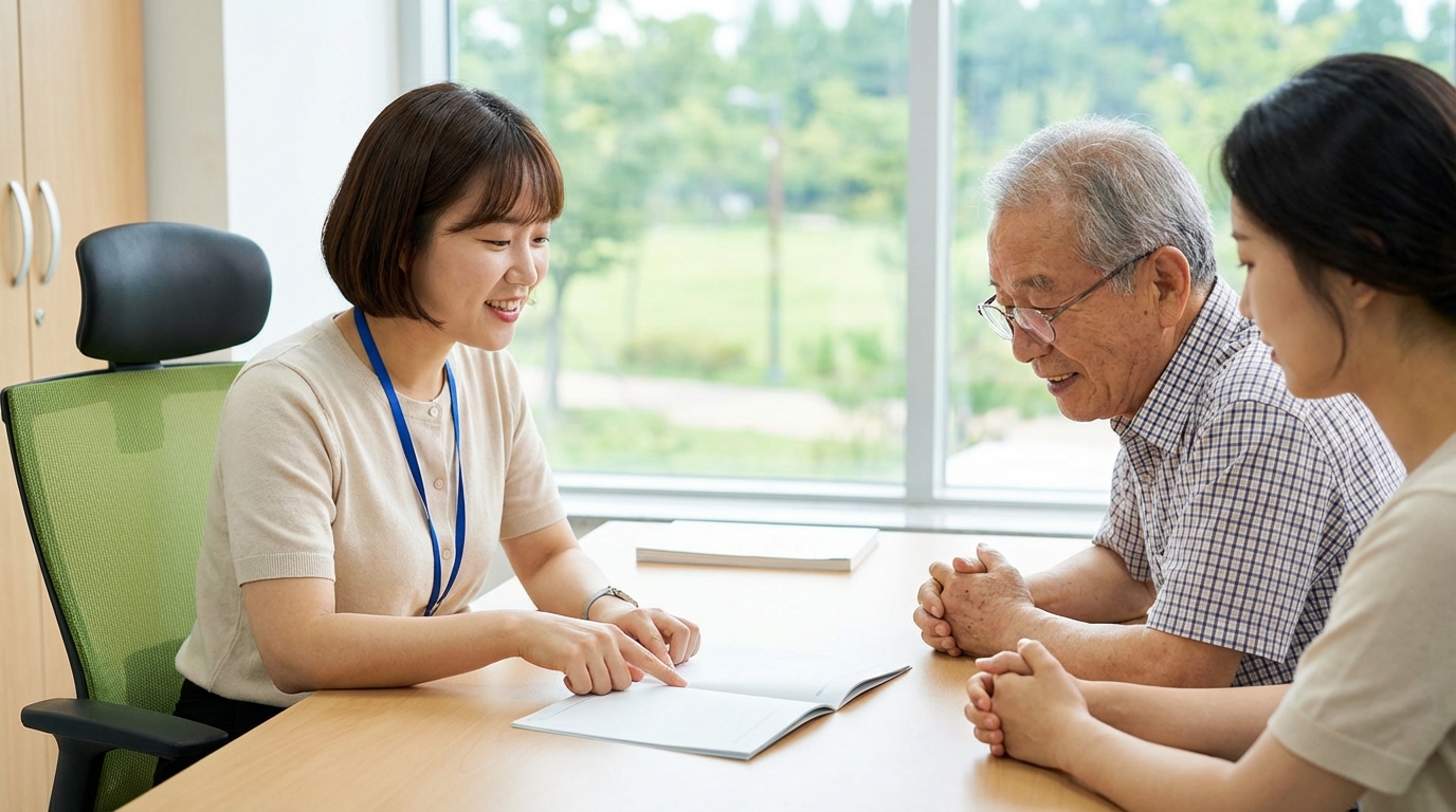 행정복지센터에서 직원이 한국인 어르신에게 의료급여 신청 서류를 친절하게 설명해주는 모습, 새로운 제도의 이해를 돕고 있습니다.