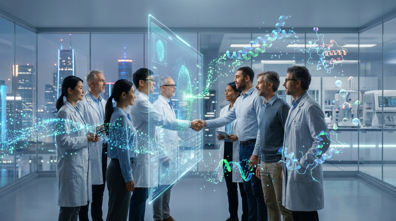 전 세계 AI 신약 개발 기업들이 협력하여 미래 의학을 연구하는 글로벌 파트너십의 상징적인 모습