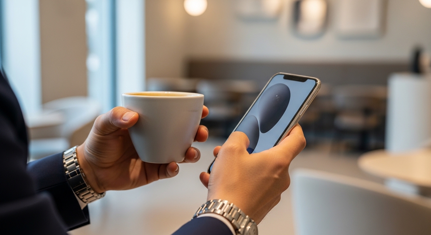 프리미엄 커피를 들고 고급 스마트폰을 사용하는 세련된 한국인 영포티의 손과 손목 시계.