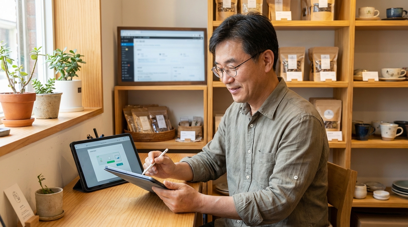 디지털 전환을 위해 태블릿을 활용하여 온라인 비즈니스 전략을 구상하는 한국인 소상공인 남성