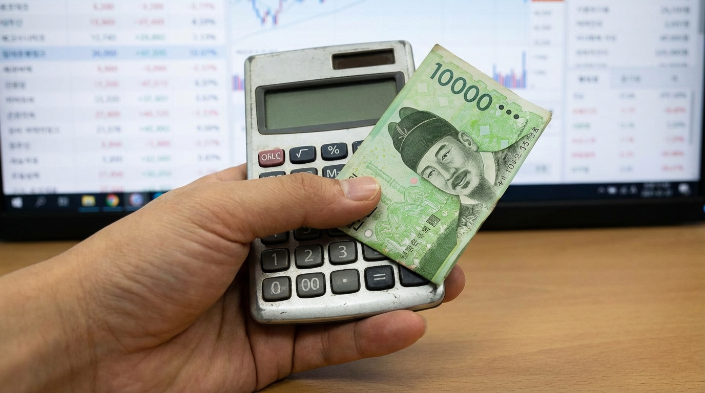 계산기와 원화 지폐로 임금 계산을 하는 모습, 최저임금 인상의 실질적인 재정 효과를 시각화.