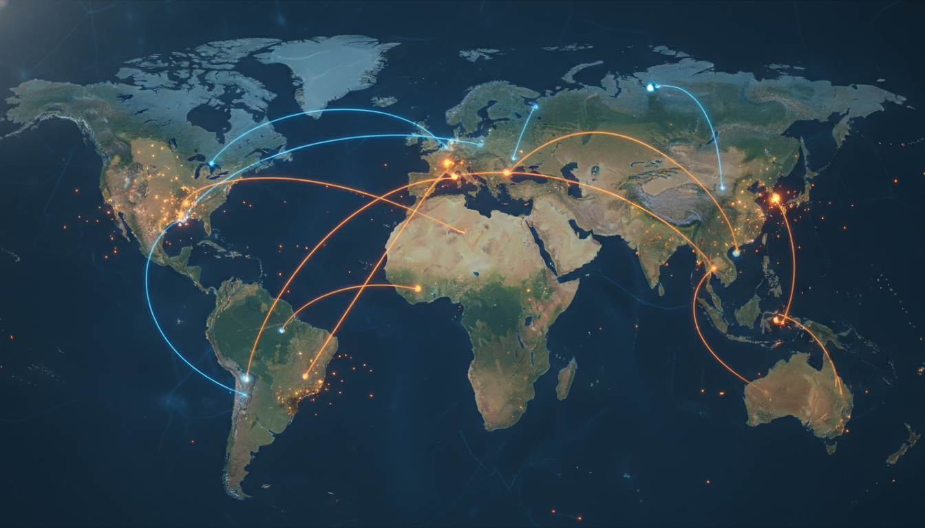 미국의 관세 정책으로 인해 재편되고 있는 글로벌 공급망을 추상적으로 시각화한 이미지. 세계 지도 위에 무역 경로가 뒤틀리고 새로운 길이 형성되는 모습.