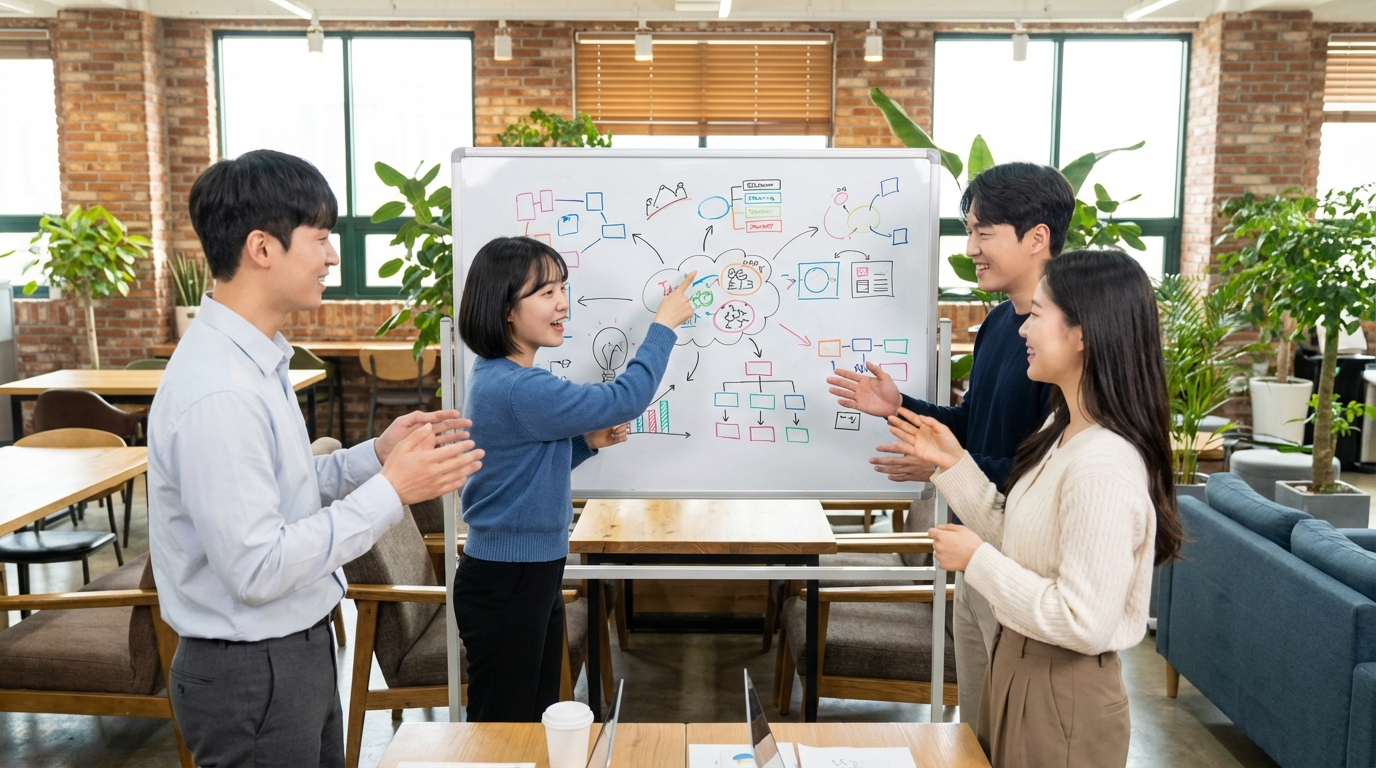 혁신적인 아이디어와 비즈니스 모델을 화이트보드에 그리며 활발하게 토론하는 한국인 스타트업 팀.