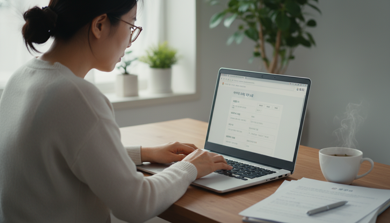 아이돌봄서비스 신청을 위해 복지로 웹사이트에서 온라인 서류를 작성하는 한국인 여성.