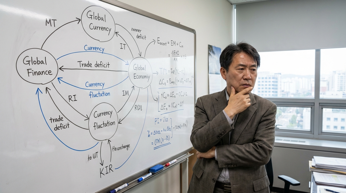 한국 경제학자가 복잡한 경제 지표와 정책 방향을 나타내는 화이트보드 앞에서 심각한 표정으로 서 있는 모습. 환율 관찰 대상국 재지정이 한국 경제에 미칠 영향을 고심하고 있다.