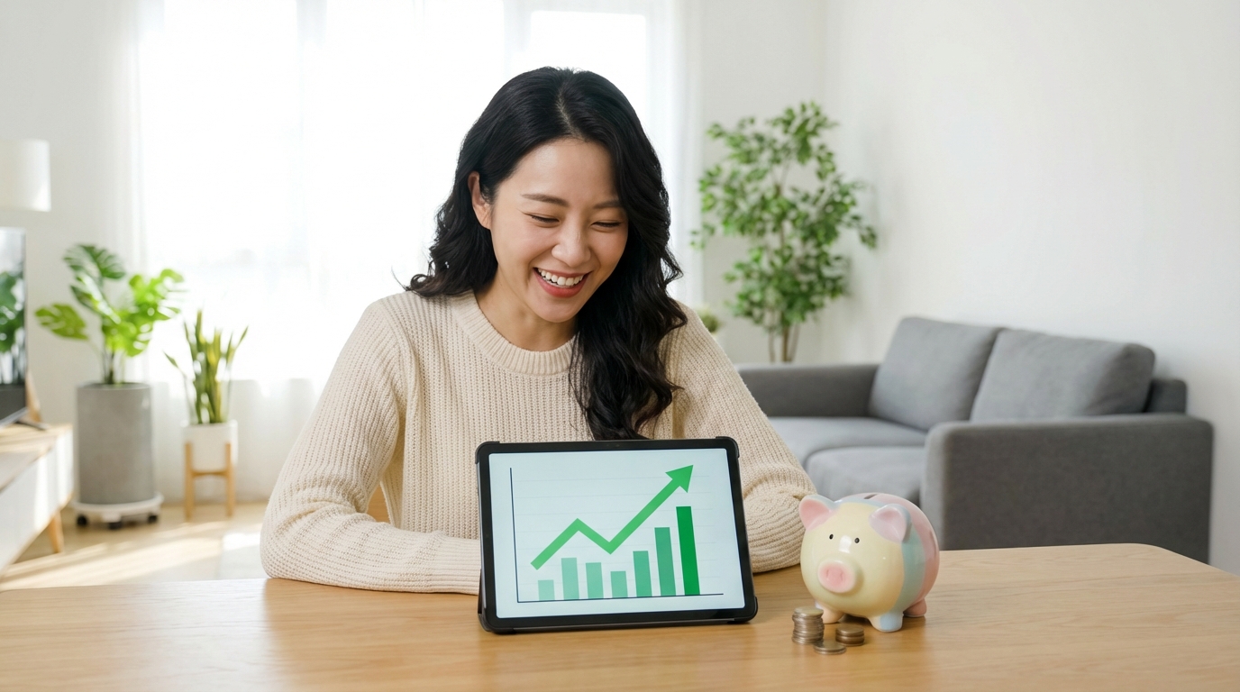 스마트폰으로 재정 상황을 확인하며 미소 짓는 한국인 여성과 저금통.