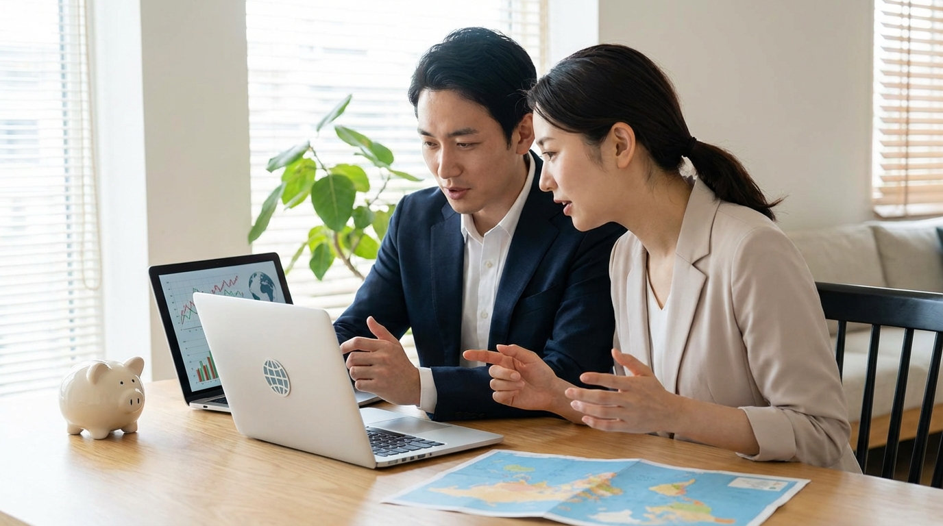 노트북으로 환율 관련 재정 계획을 논의하는 한국인 남녀.