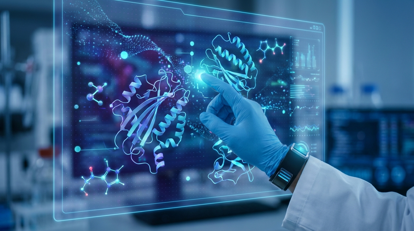 AI 기술로 복잡한 단백질 구조와 신약 후보 물질을 정밀하게 설계하는 과학자의 모습