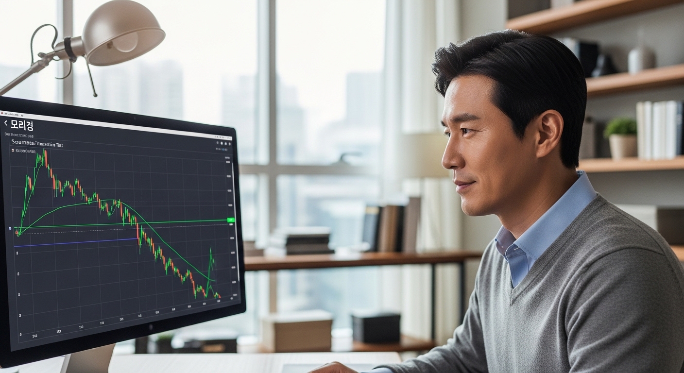 증권거래세 인하 소식에 미소 짓는 한국인 개인 투자자가 컴퓨터 화면의 주식 차트를 보고 있는 모습.