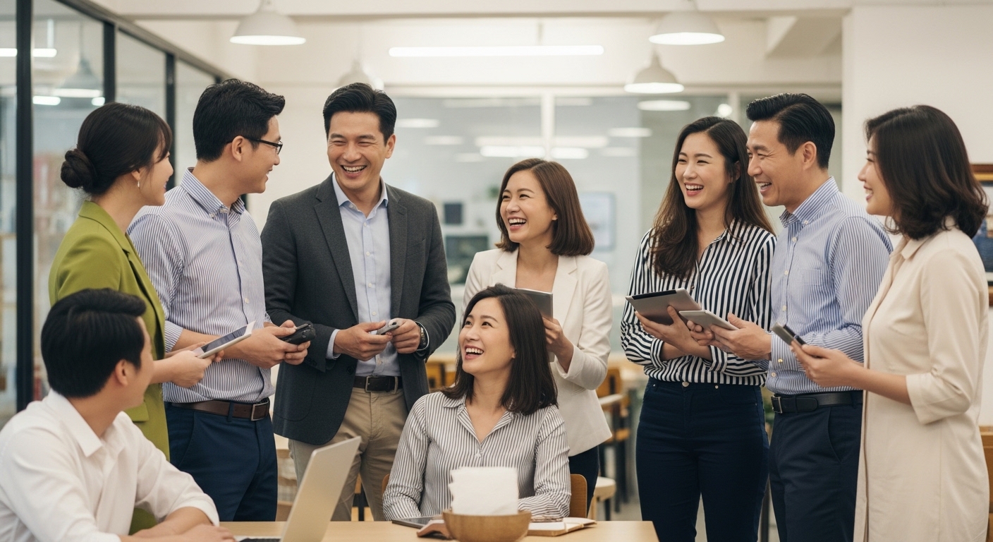 트렌디한 카페나 코워킹 스페이스에서 활발하게 교류하는 다양한 연령대의 한국인 영포티 그룹.