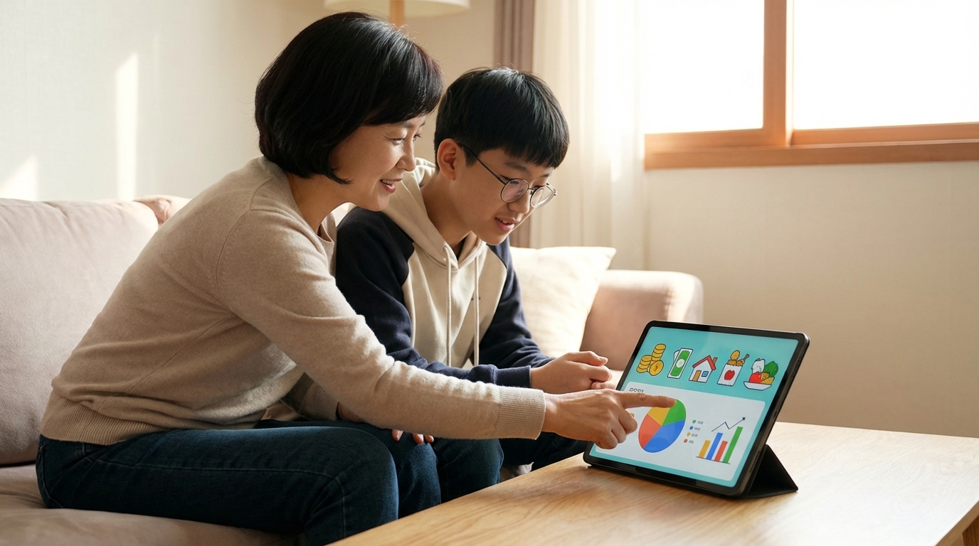 부모와 자녀가 함께 노트북 화면을 통해 용돈 사용 내역을 검토하고 예산을 논의하는 모습.