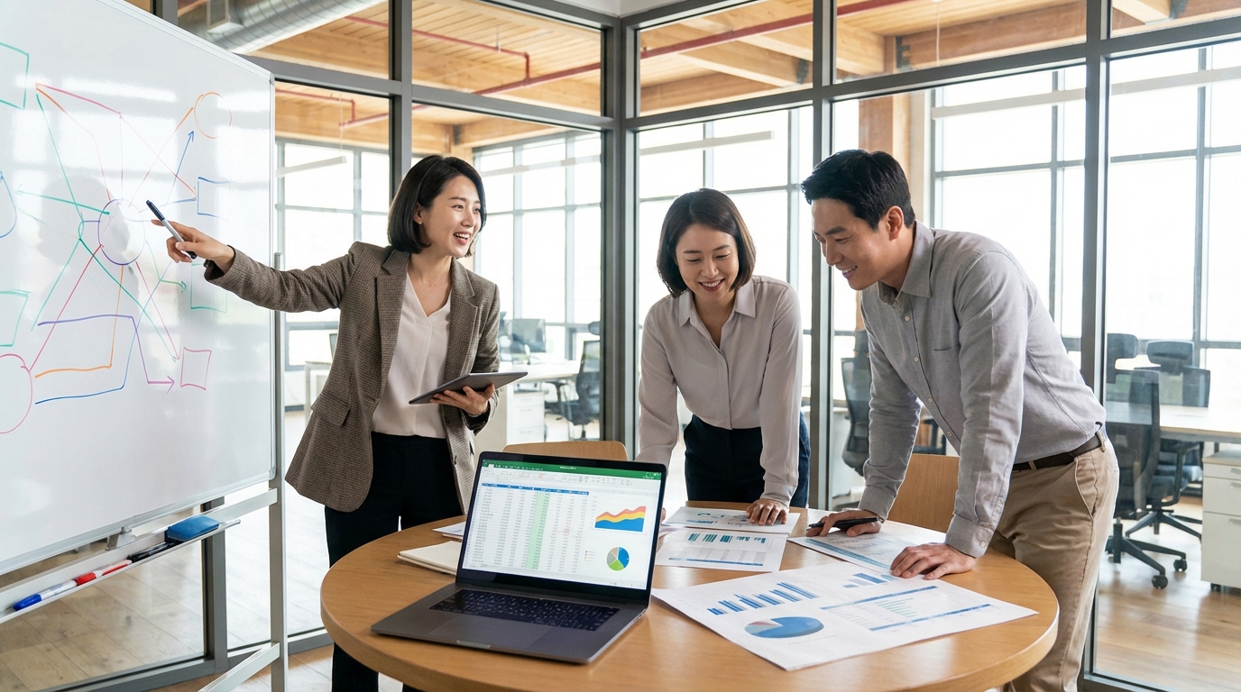 ESG 경영 및 지속 가능한 성장을 위한 전략을 논의하는 한국인 직장인들