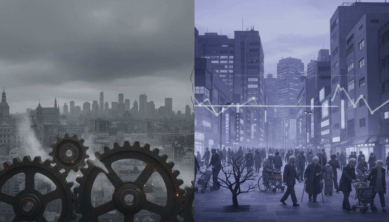 유로존과 일본의 경제적 도전을 병렬로 보여주는 이미지. 한쪽에는 인플레이션과 에너지 위기를 상징하는 유럽 도시 풍경, 다른 쪽에는 고령화와 경기 침체를 나타내는 일본 도시 풍경.