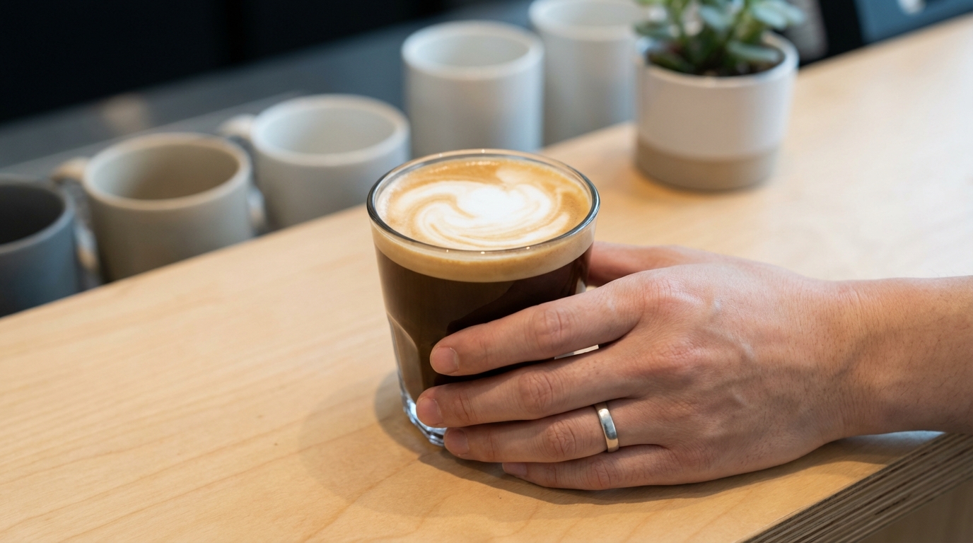 스타벅스 에어로카노의 부드러운 미세 거품이 선명하게 보이는 근접 사진.
