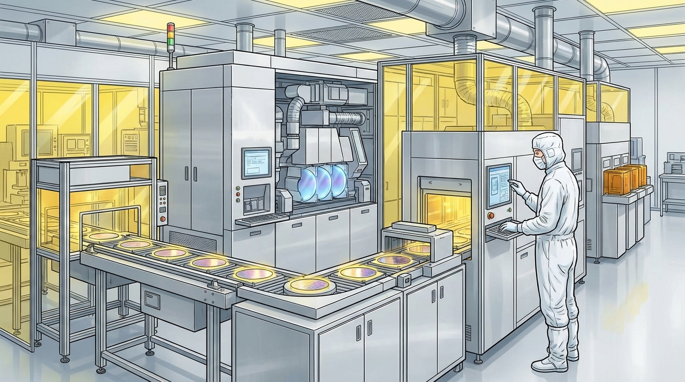 최첨단 반도체 생산 공정을 보여주는 공장 내부의 모습. 한국인 기술자가 클린룸 복장을 하고 장비를 점검하고 있다.
