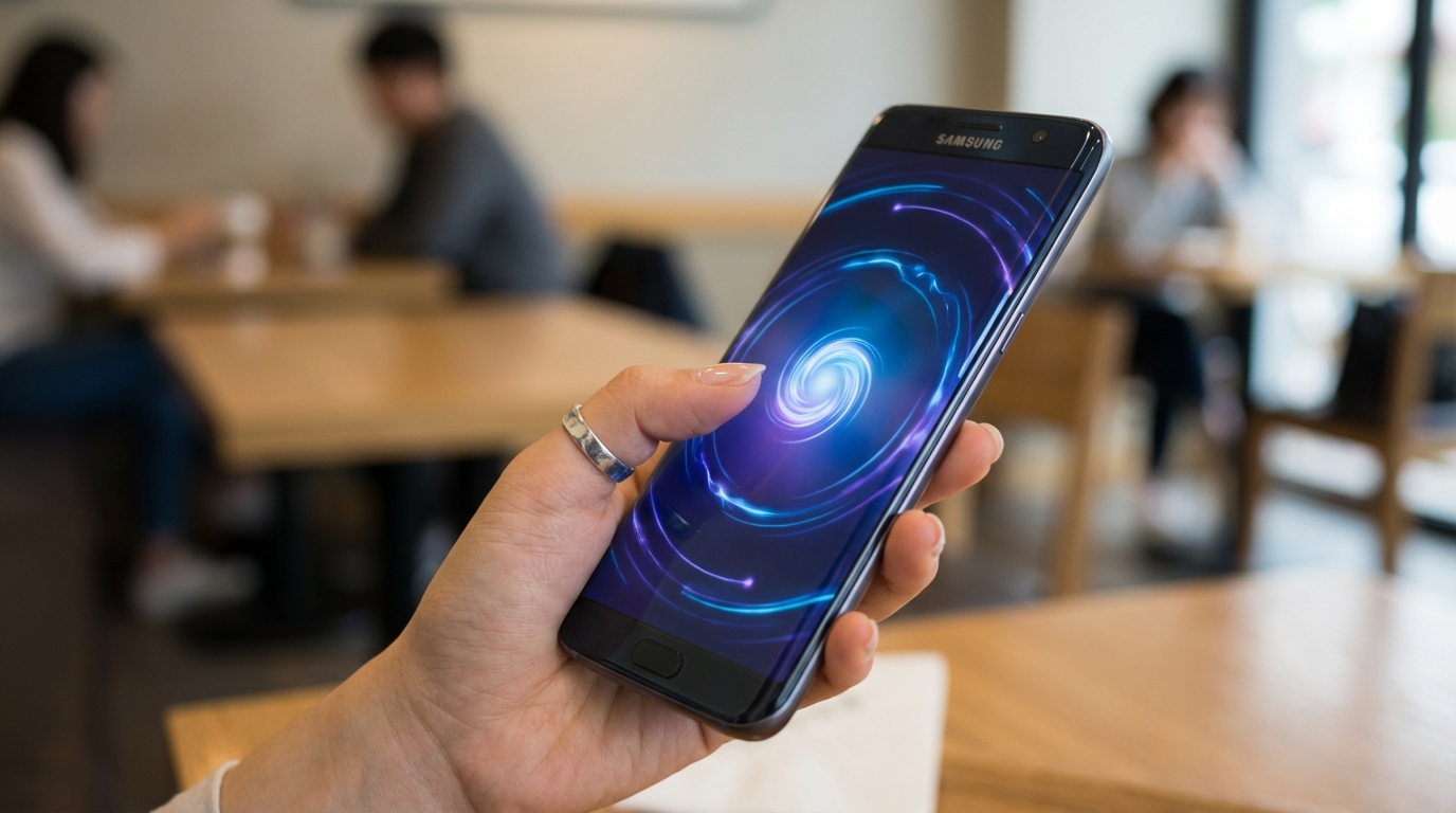 한국 여성의 손에 들린 갤럭시 S26, 화면에는 갤럭시 어시스트 2.0 AI 비서 인터페이스가 역동적으로 표시되어 있다.