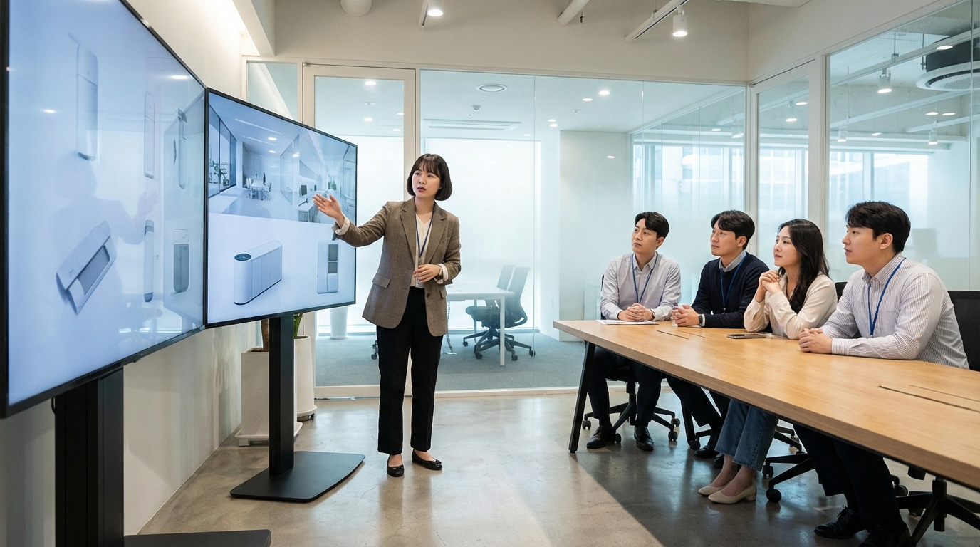 한국인 디자이너가 협업 공간에서 팀원들에게 혁신적인 제품 디자인을 설명하며, 설계 및 개발 중심의 KS인증 확대를 보여줍니다.