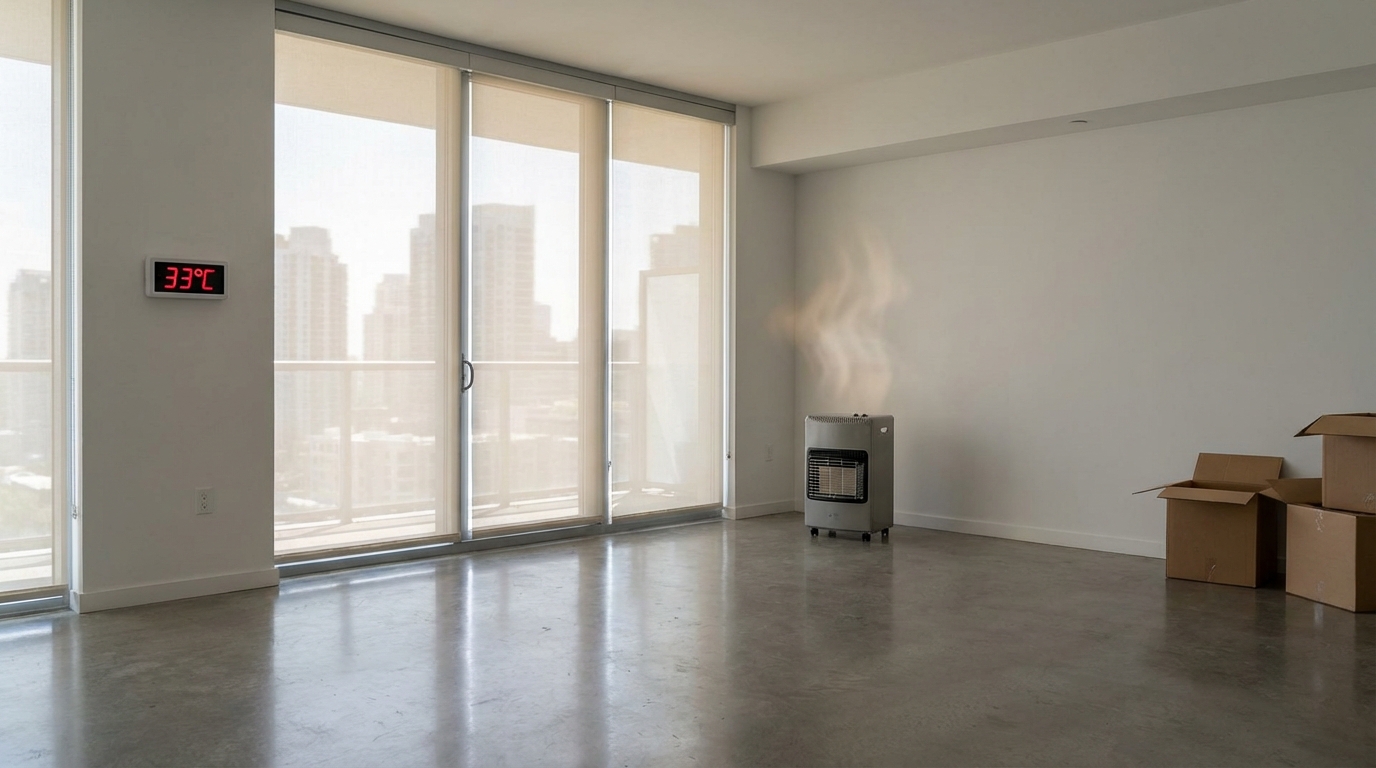 모든 창문과 문이 닫힌 빈 아파트 방, 벽에 걸린 디지털 온도계가 33℃를 표시하며 베이크아웃 과정을 보여준다.