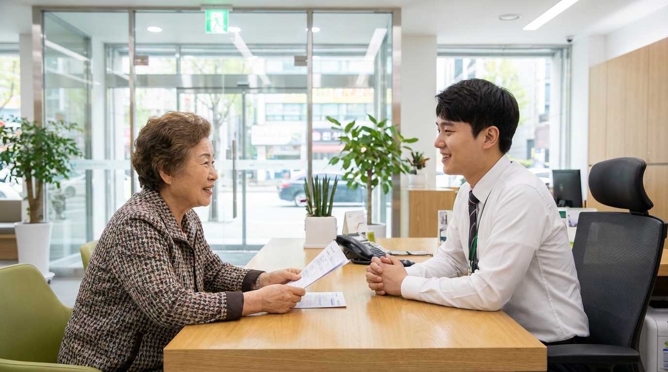 압류방지 생계비계좌 신청을 위해 은행 직원의 설명을 듣고 서류를 준비하는 한국인 고객
