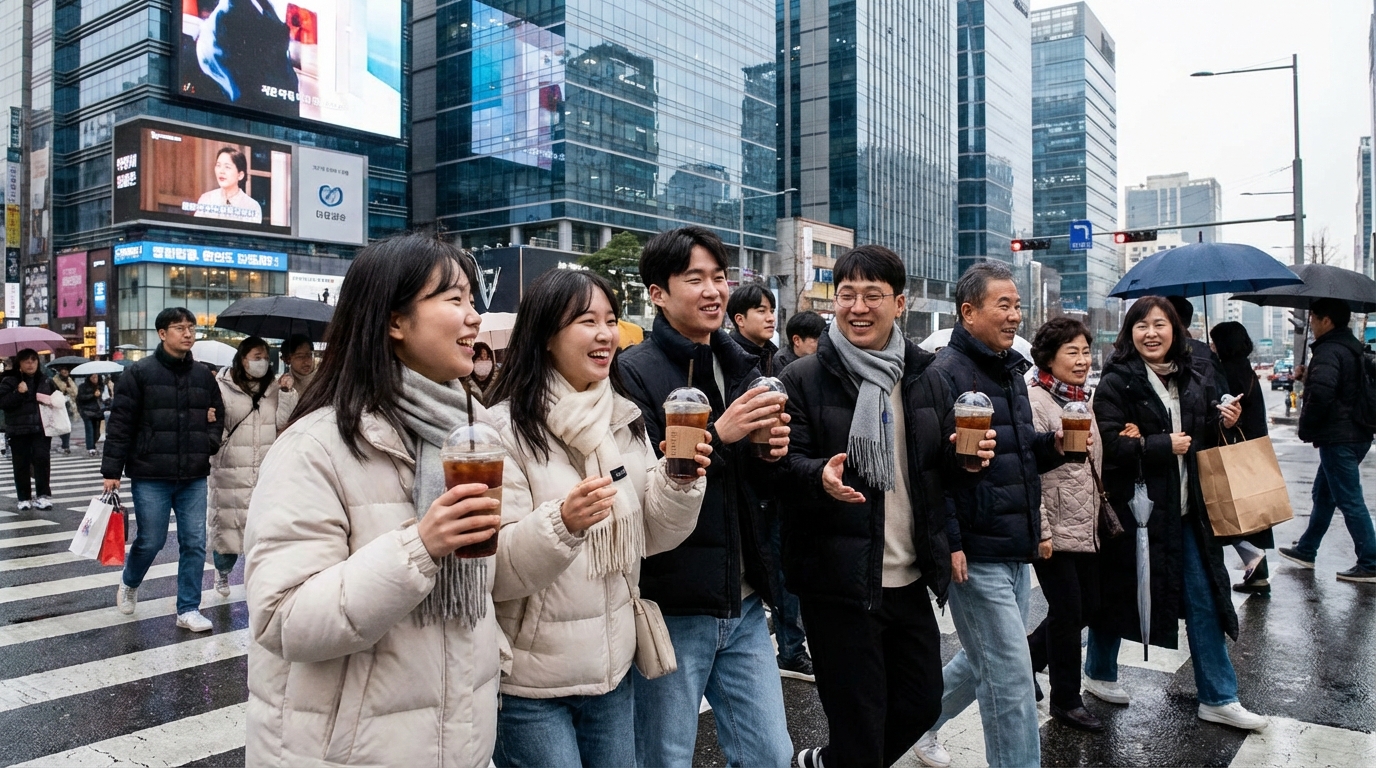 한국 도심에서 겨울에도 아이스 커피를 즐기는 다양한 연령대의 한국 사람들.