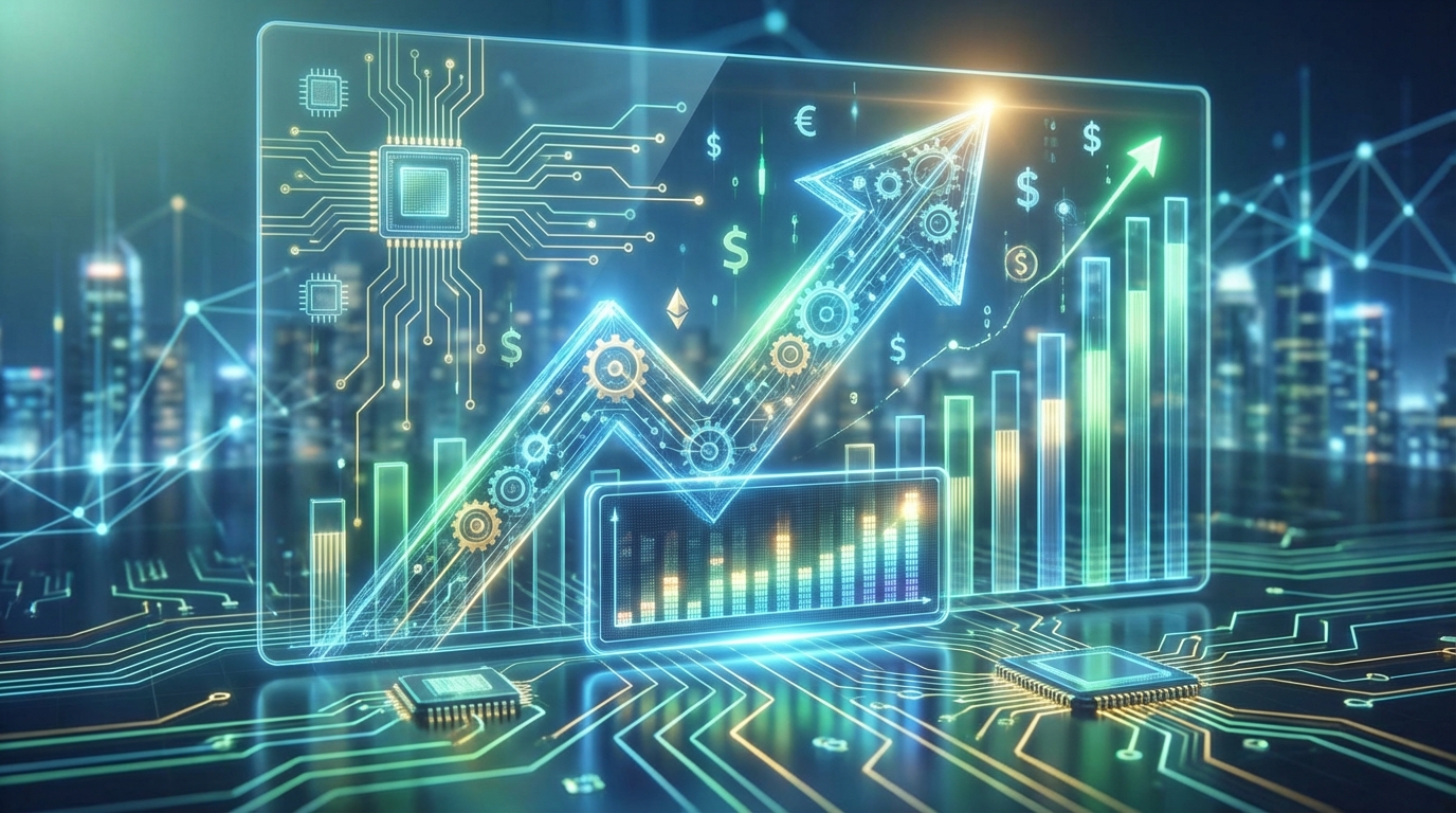 코스피 지수가 6,000선으로 상승하는 모습을 시각화한 그래프. AI와 경제 성장을 상징하는 디지털 요소들이 주변에 배치되어 있다.