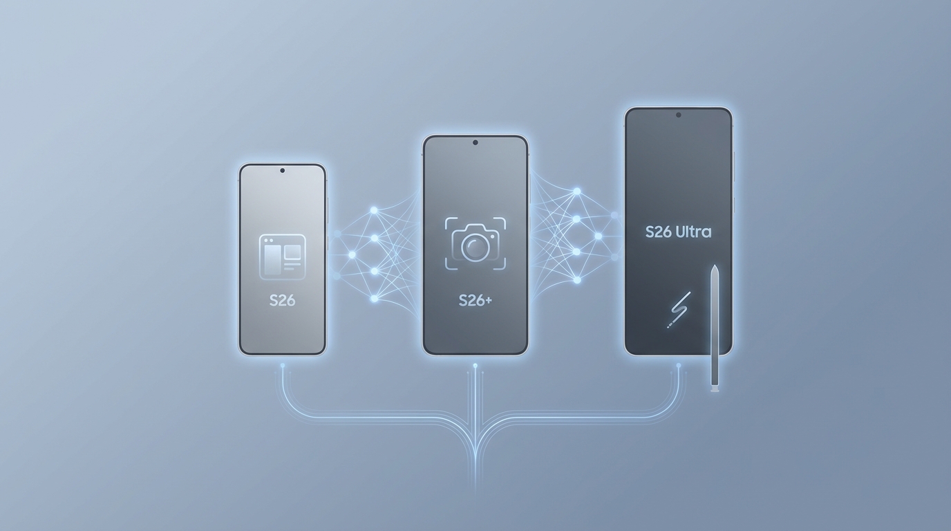 갤럭시 S26, S26+, S26 울트라 세 가지 모델이 나란히 배치되어 있으며, AI 프로세서를 상징하는 빛나는 선들이 연결되어 있다.