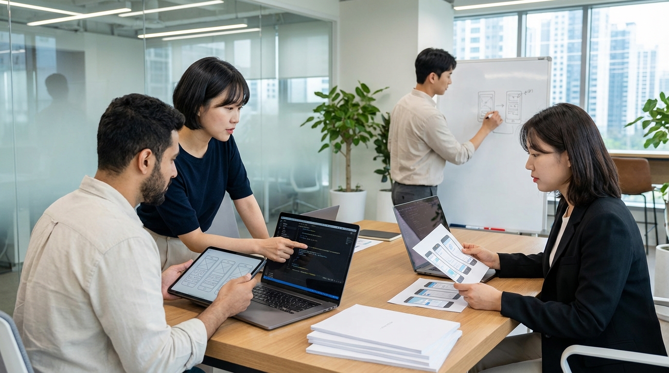 한국인 소프트웨어 엔지니어, 제품 디자이너, 품질 전문가가 노트북과 디자인 목업을 두고 협력하며, 공장 없는 기업의 통합 품질 관리 시스템을 상징합니다.