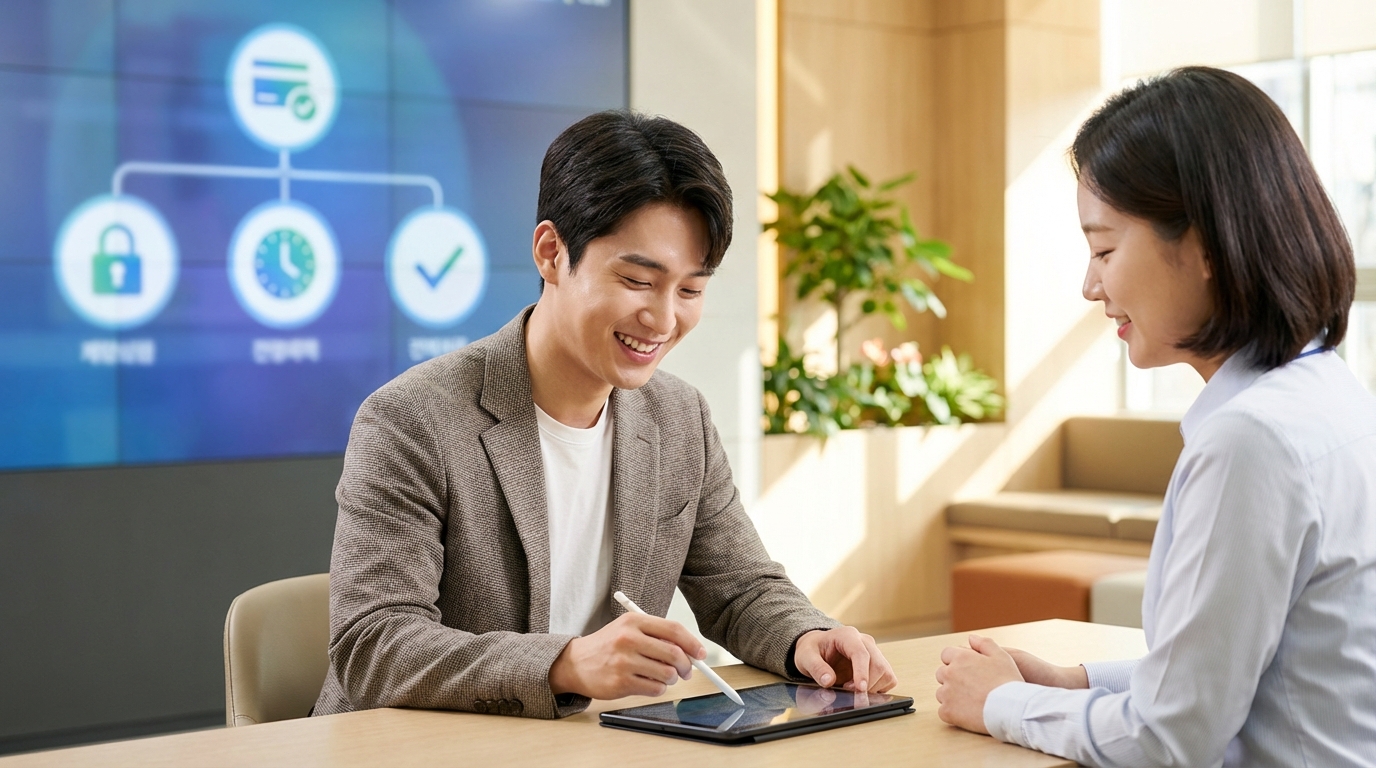 소상공인 특별 금융지원 신청 절차를 간편하게 진행하고 있는 한국인 남성 소상공인의 모습