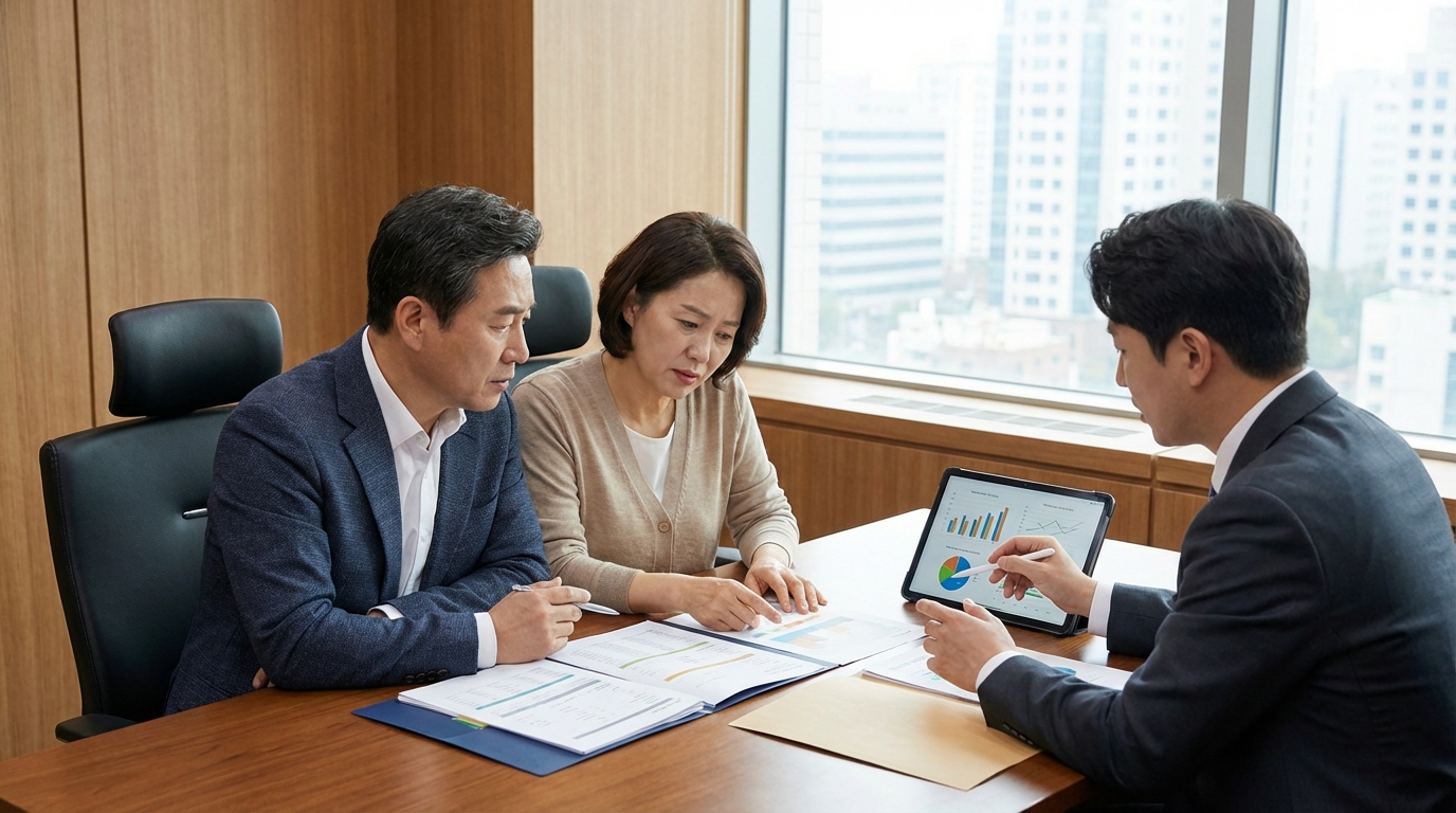 부동산 전문가와 상담하며 자산 관리 전략을 논의하는 한국인 부부
