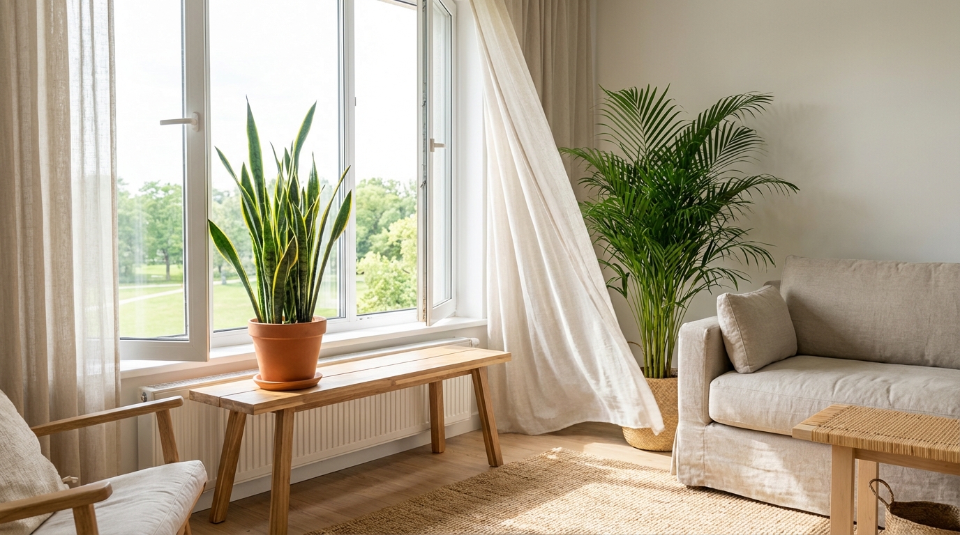 창문이 활짝 열린 밝고 쾌적한 아파트 거실 코너, 공기정화 식물이 놓여 신선한 공기와 자연 친화적인 분위기를 더한다.