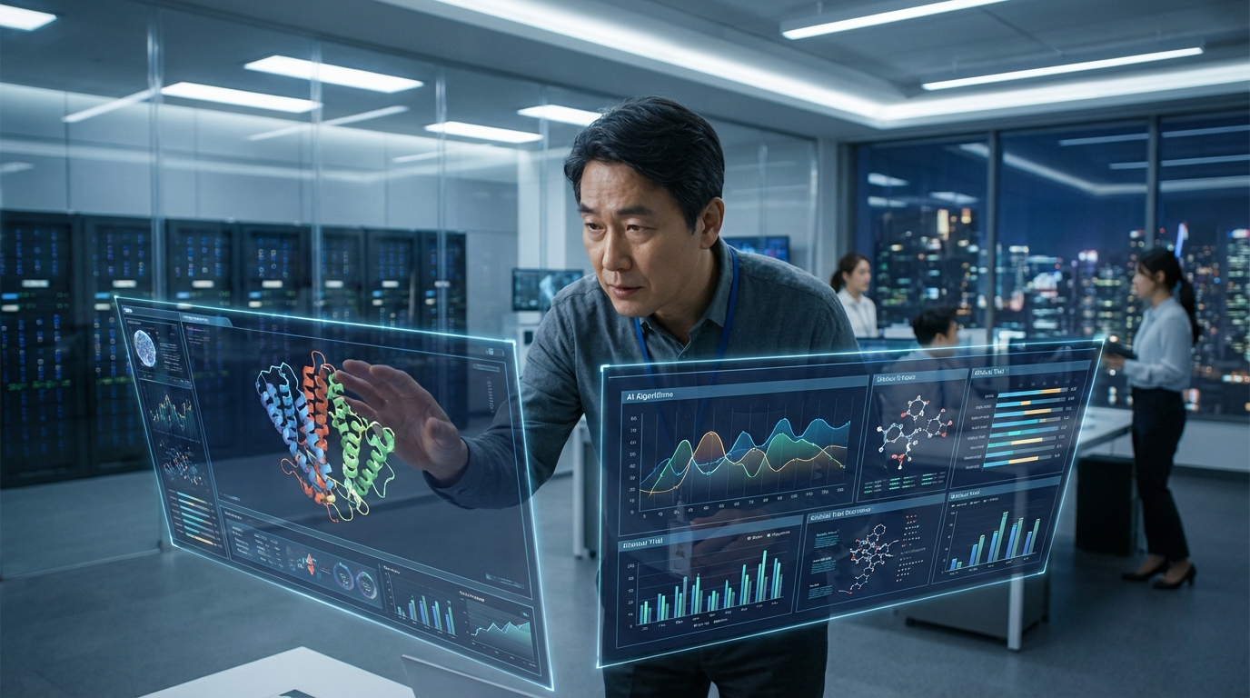 바이오 투자 전략을 세우기 위해 신약 개발 데이터를 분석하는 한국인 전문가의 모습.