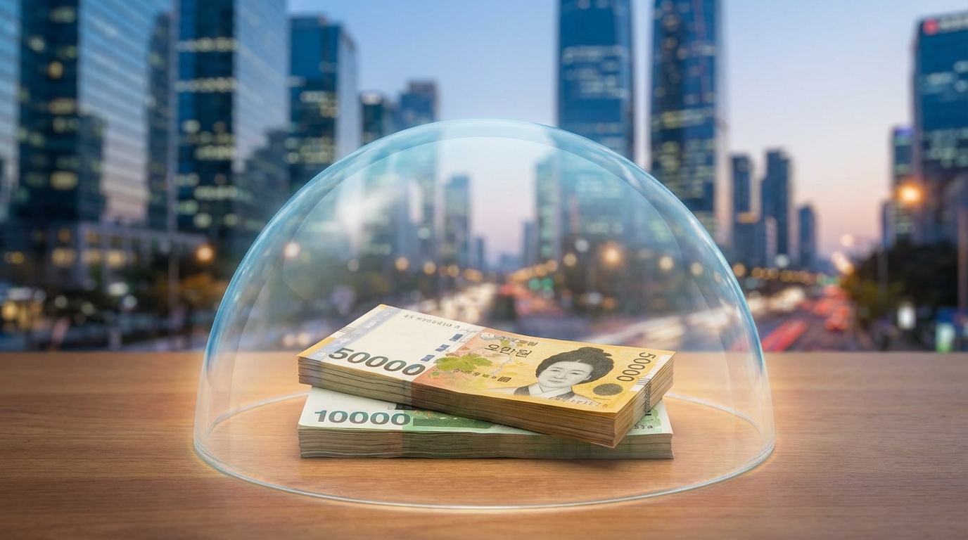 월 250만원 생계비가 압류로부터 안전하게 보호되는 모습을 상징하는 투명한 보호막 아래 놓인 한국 지폐