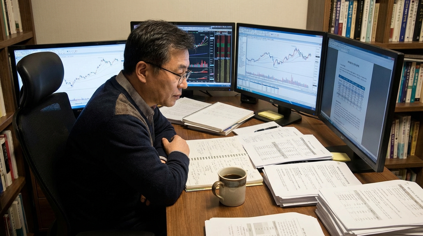 여러 모니터에서 주식 차트와 데이터를 분석하며 신중하게 투자 정보를 탐색하는 한국인 투자자의 모습.