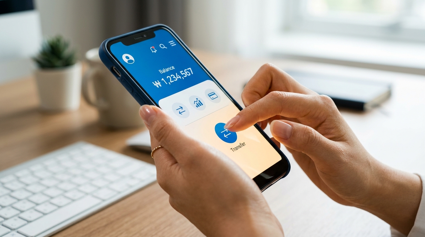 스마트폰 금융 앱을 통해 개인사업자 대출 갈아타기 서비스를 간편하게 이용하는 모습