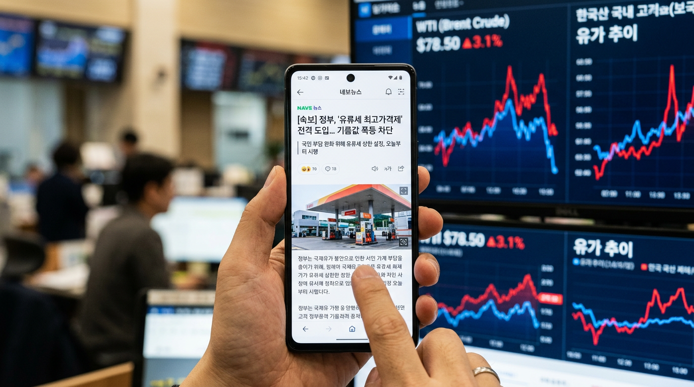 스마트폰 화면에 '유류세 최고가격제' 관련 뉴스가 표시되고, 뒤편에는 유가 그래프가 흐릿하게 보이는 모습