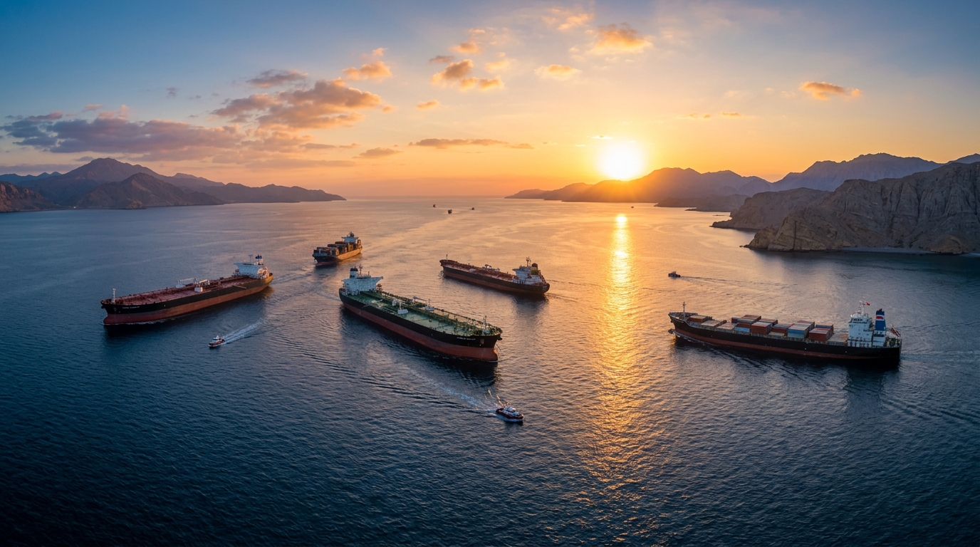 평화롭고 안전하게 호르무즈 해협을 통과하는 거대한 유조선과 화물선들